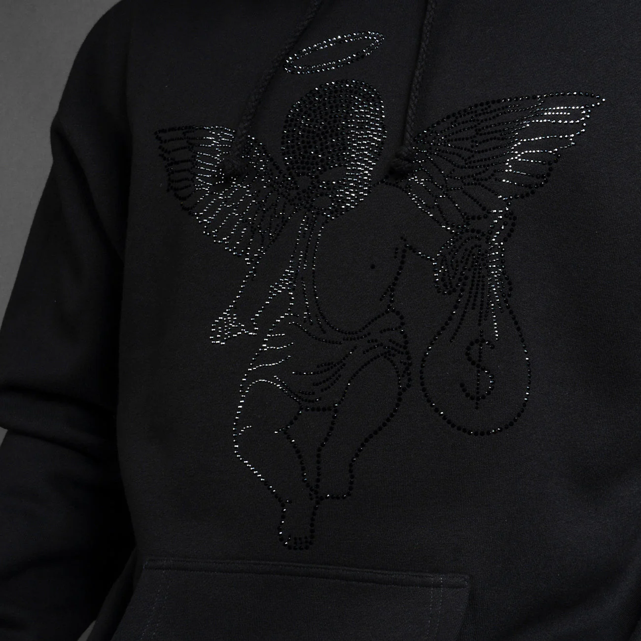 Black Rhinestone MM Angel Hoodie - HW - Image 3